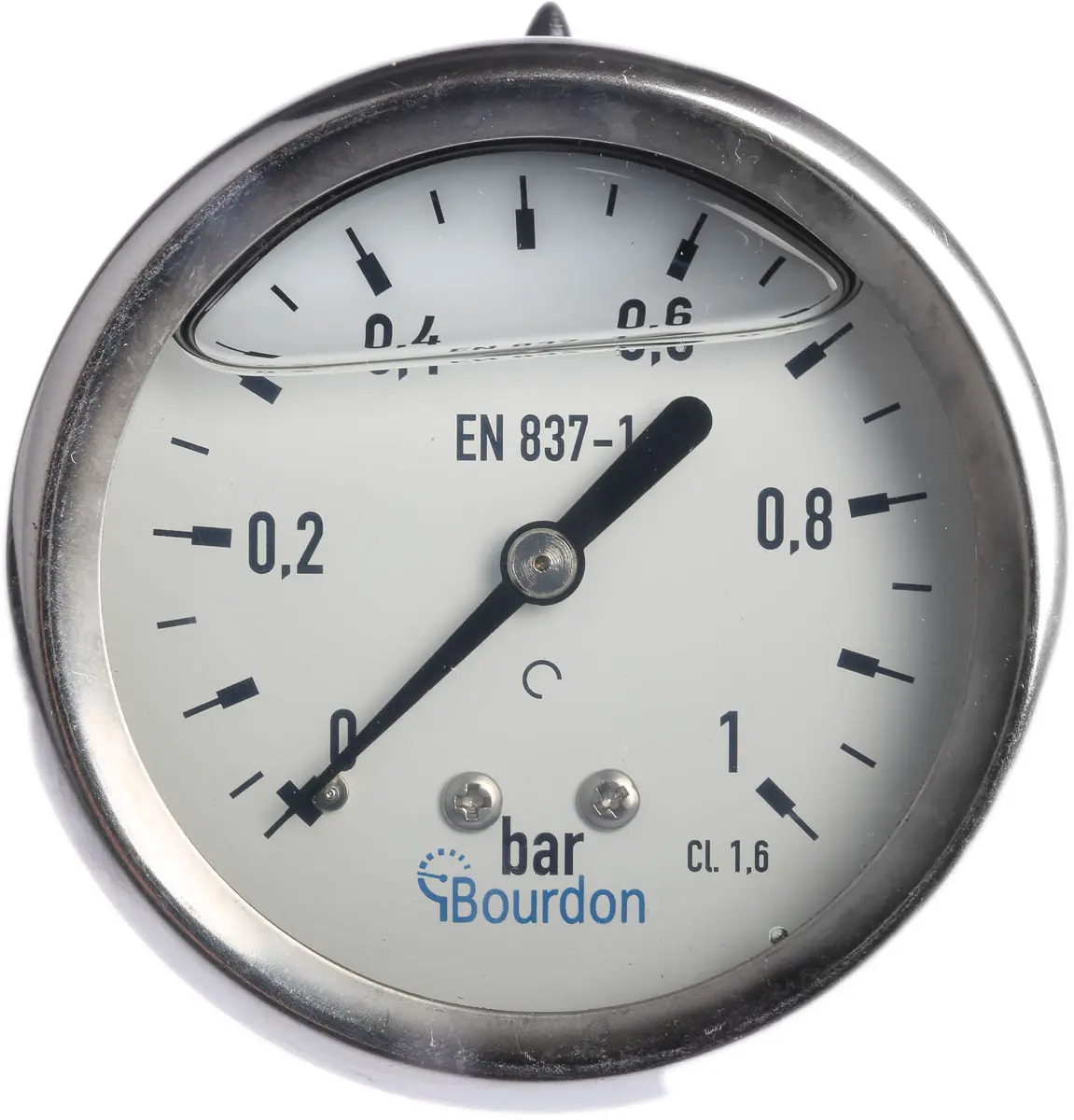 Produktfoto 1 von Bourdon Druckmessgerät Prozessanschluss hinten Analog 0bar → 1bar ± 1.6%, Ø 63mm Edelstahl Gehäuse
