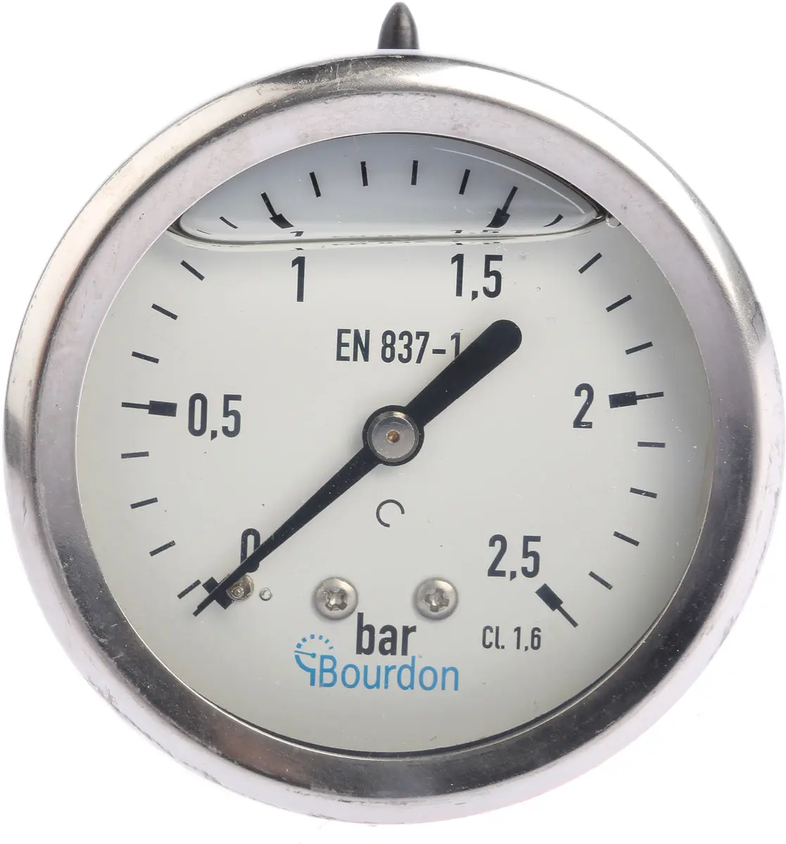 Produktfoto 1 von Bourdon Druckmessgerät Prozessanschluss hinten Analog 0bar → 2.5bar ± 1.6%, Ø 63mm Edelstahl Gehäuse