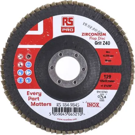 Produktfoto 1 von RS PRO Zirkonium Lamellenscheibe Ø 125 mm Grob, Korngröße 5 5 pro Paket