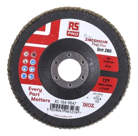 Produktfoto 1 von RS PRO Zirkonium Lamellenscheibe Ø 125 mm Fein, Korngröße 5 5 pro Paket