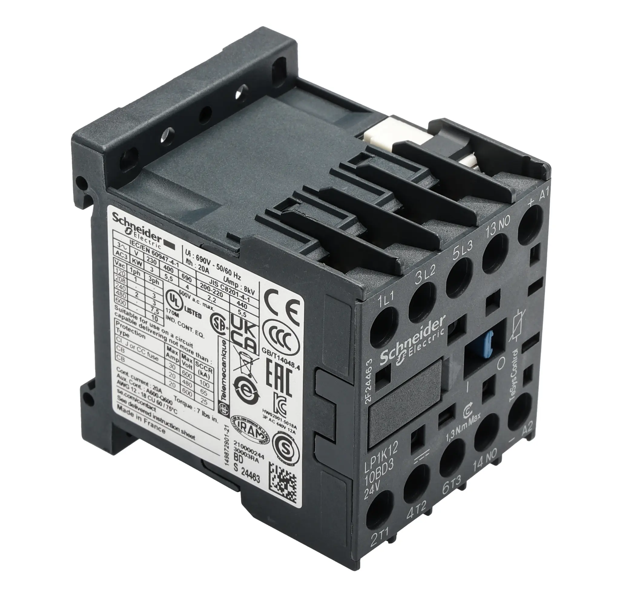 Produktfoto 1 von Schneider Electric LP1K Schütz 24 V dc-Spule, 3-polig, 690V ac / 20 A 230 V 4 kW 3 Schließer Motorsteuerung