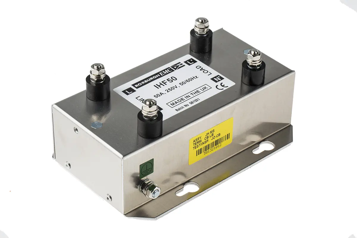 Roxburgh EMC IHF Entstörfilter, 250V ac/dc, 50 A, Flanschmontage 5 W, 1-phasig 2.1 mA / 60 Hz 1 Zustände