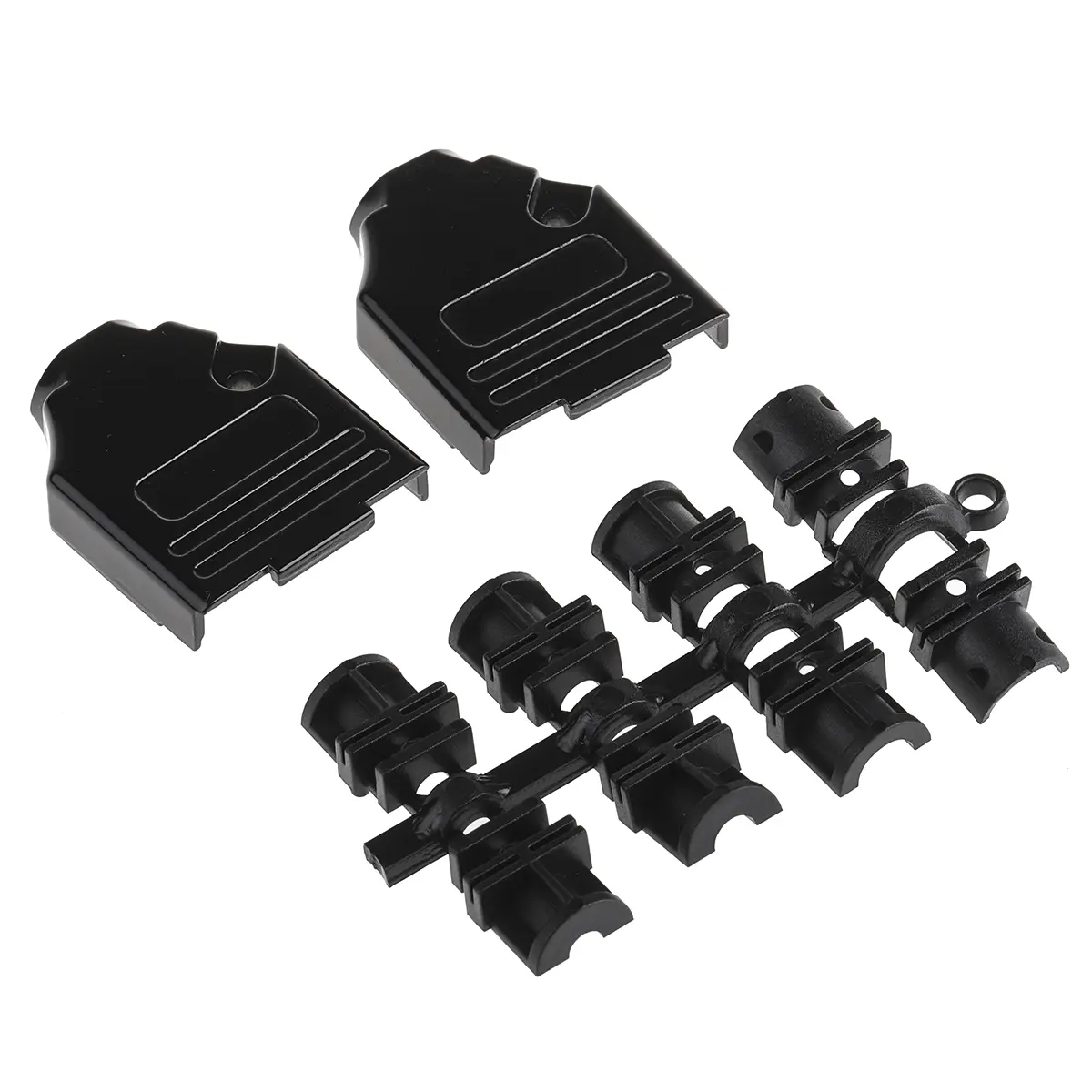Produktfoto 1 von MH Connectors MHDTZK-BK D-Sub-Gehäuse Gerade, 9-polig, D: D-Sub-Gehäuse Zugentlastung, Schwarz, Größe E, aus Zink