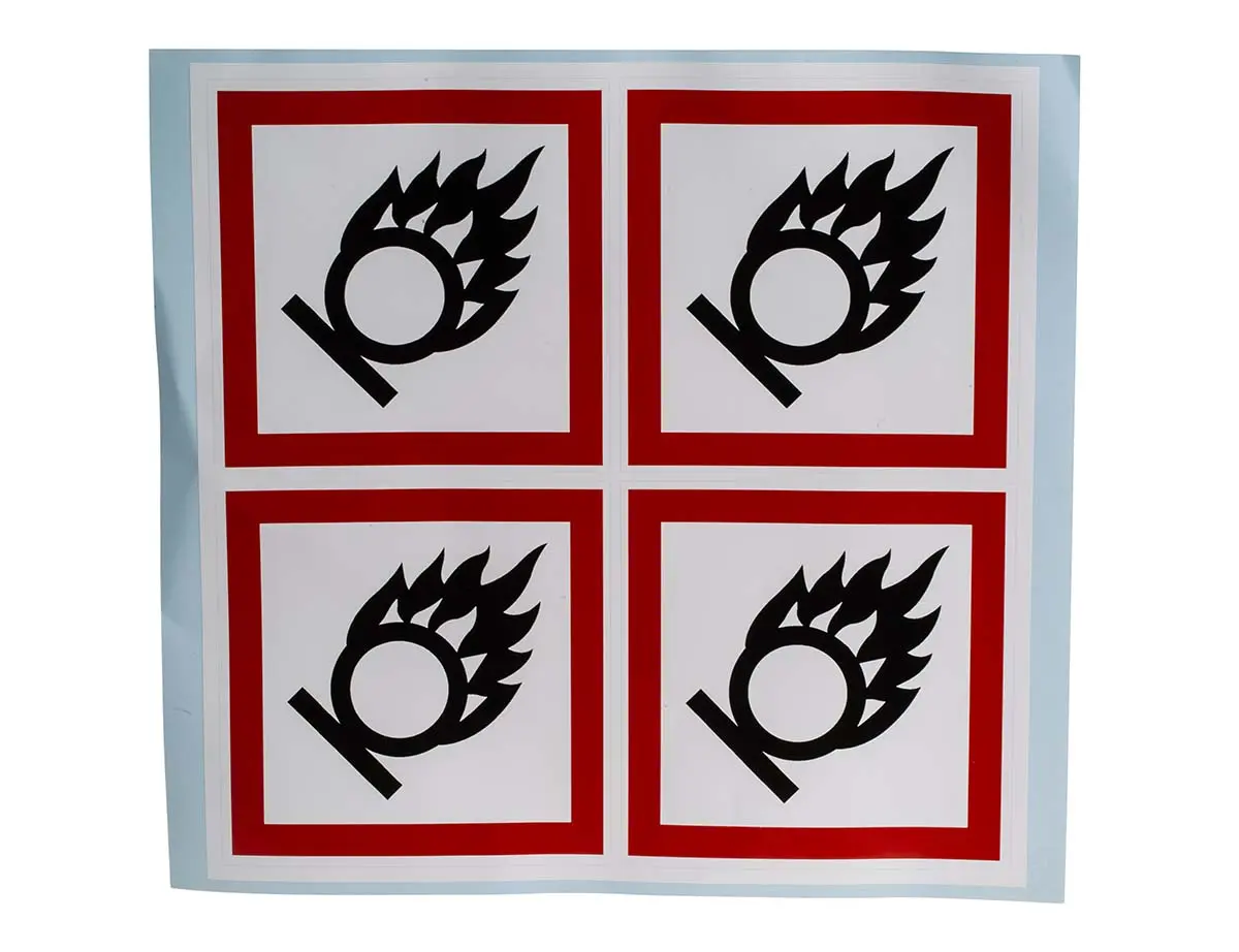 Produktfoto 1 von RS PRO 4 Per Pack Glänzendes polymeres Vinyl Sicherheitszeichen, Englisch, Weiß, GHS Oxidising, H 100 mm B 100 mm