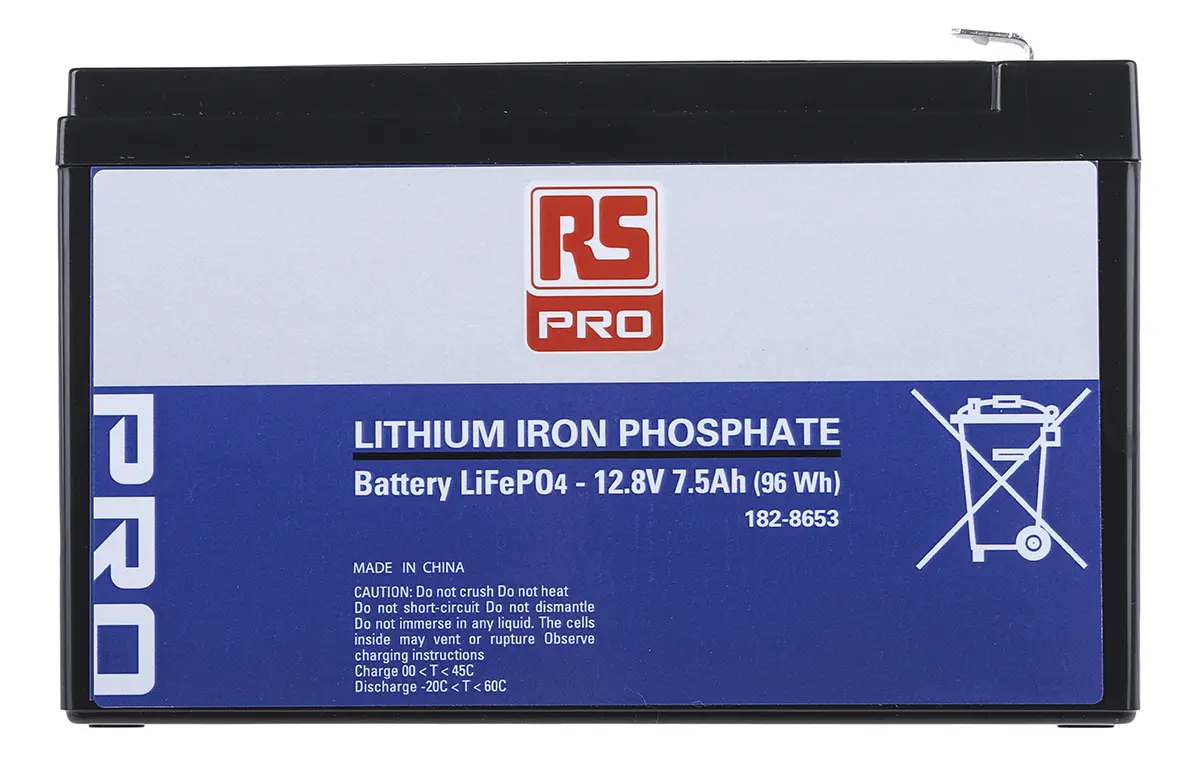 Produktfoto 1 von RS PRO Lithium-Eisen-Phosphat Akkupack, 1-Zellen 12.8V / 7.5Ah, T2-Anschluss