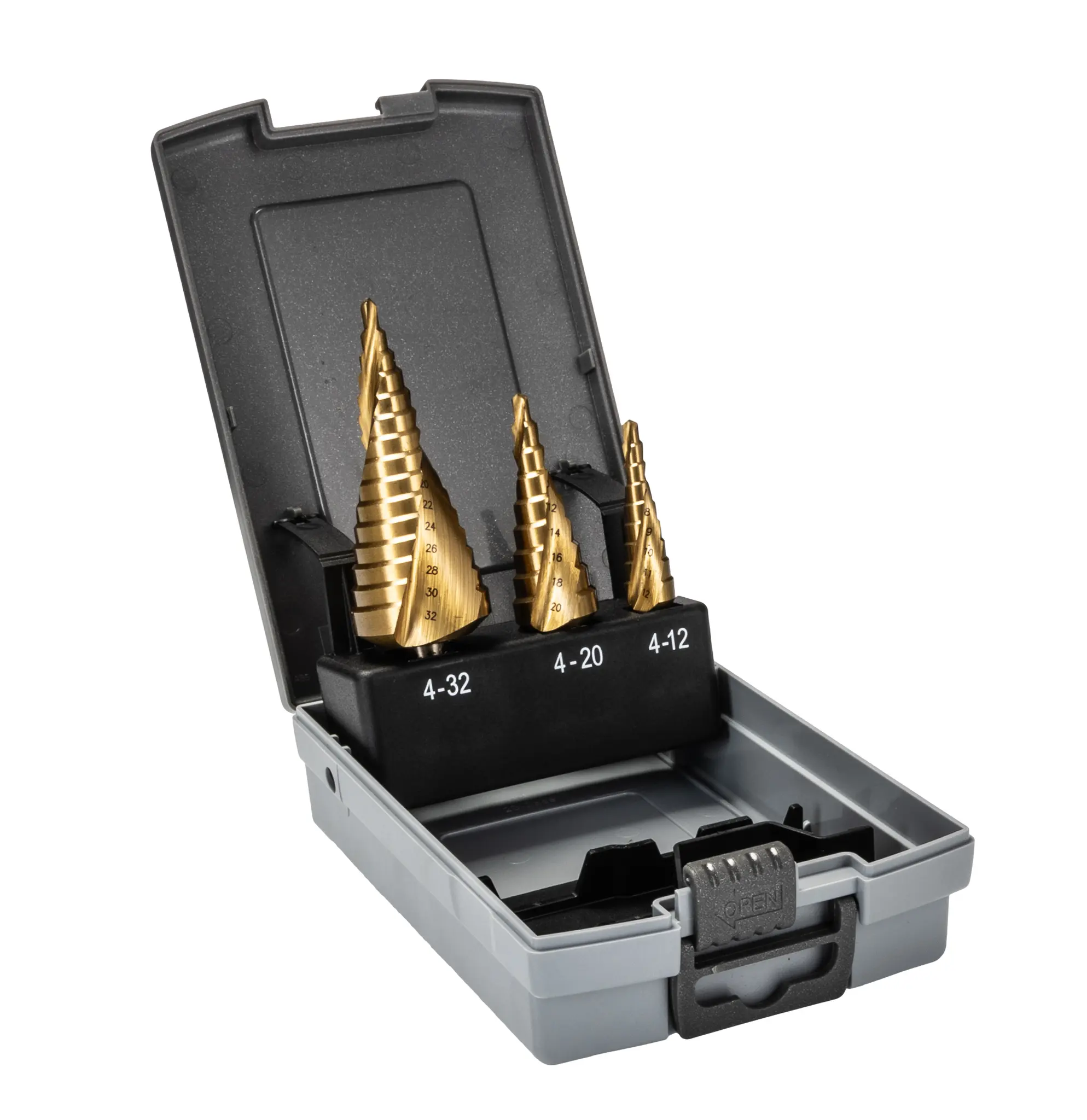 Produktfoto 1 von Makita Titannitrid (beschichtet) Stufenbohrer Satz 4mm → 32mm, 3-teilig für Metall
