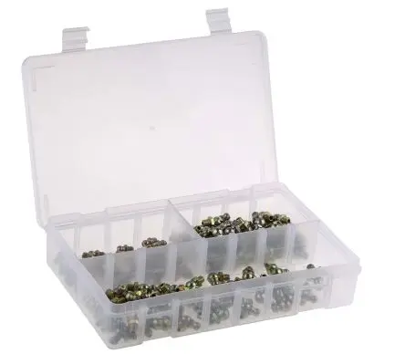 Produktfoto 1 von RS PRO Schmiernippelkit enthält H1 gerade 6x1 mm (x50), H2-45 6x1 mm (x50), H3-90 6x1 mm (x50), Box