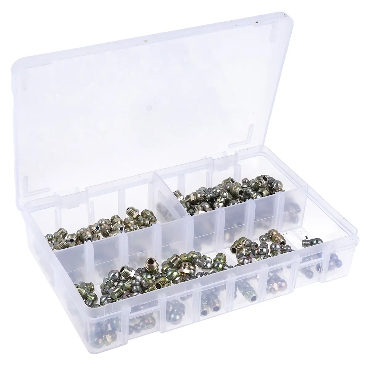 Produktfoto 1 von RS PRO Schmiernippelkit enthält H1 gerade 8x1 mm (x50), H2-45 8x1 mm (x50), H3-90 8x1 mm (x50), Box
