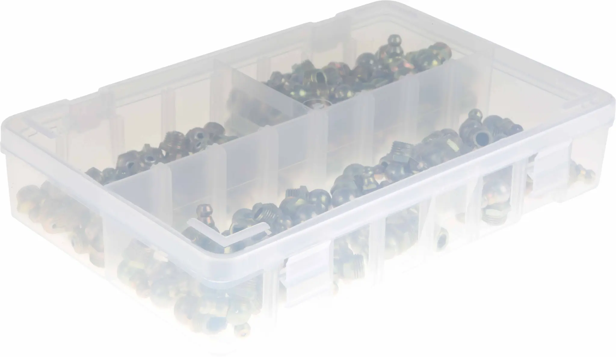 Produktfoto 1 von RS PRO Schmiernippelkit enthält H1 gerade 10x1 mm (x50), H2-45 10x1 mm (x50), H3-90 10x1 mm (x50), Box