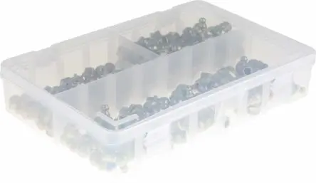 Produktfoto 1 von RS PRO Schmiernippelkit enthält H1 gerade 10x1 mm (x50), H2-45 10x1 mm (x50), H3-90 10x1 mm (x50), Box