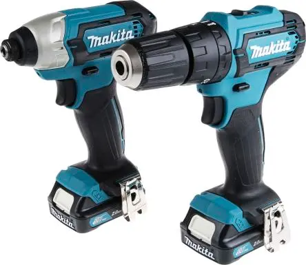 Produktfoto 1 von Makita Schnurlos 12V Akku Werkzeugsatz, Ladegerät, Kombi-Bohrmaschine HP333D, Schlagschrauber TD110D, zwei 2,0-Ah-Akkus
