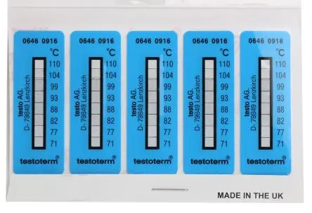 Produktfoto 1 von Testo Temperaturmessstreifen 71 °C / 110 °C 2 Messbereiche 10 Stk. Vertikal, L. 50 mm, B. 18 mm