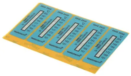 Produktfoto 1 von Testo Temperaturmessstreifen 161 °C / 204 °C 2 Messbereiche 10 Stk. Vertikal, L. 50 mm, B. 18 mm