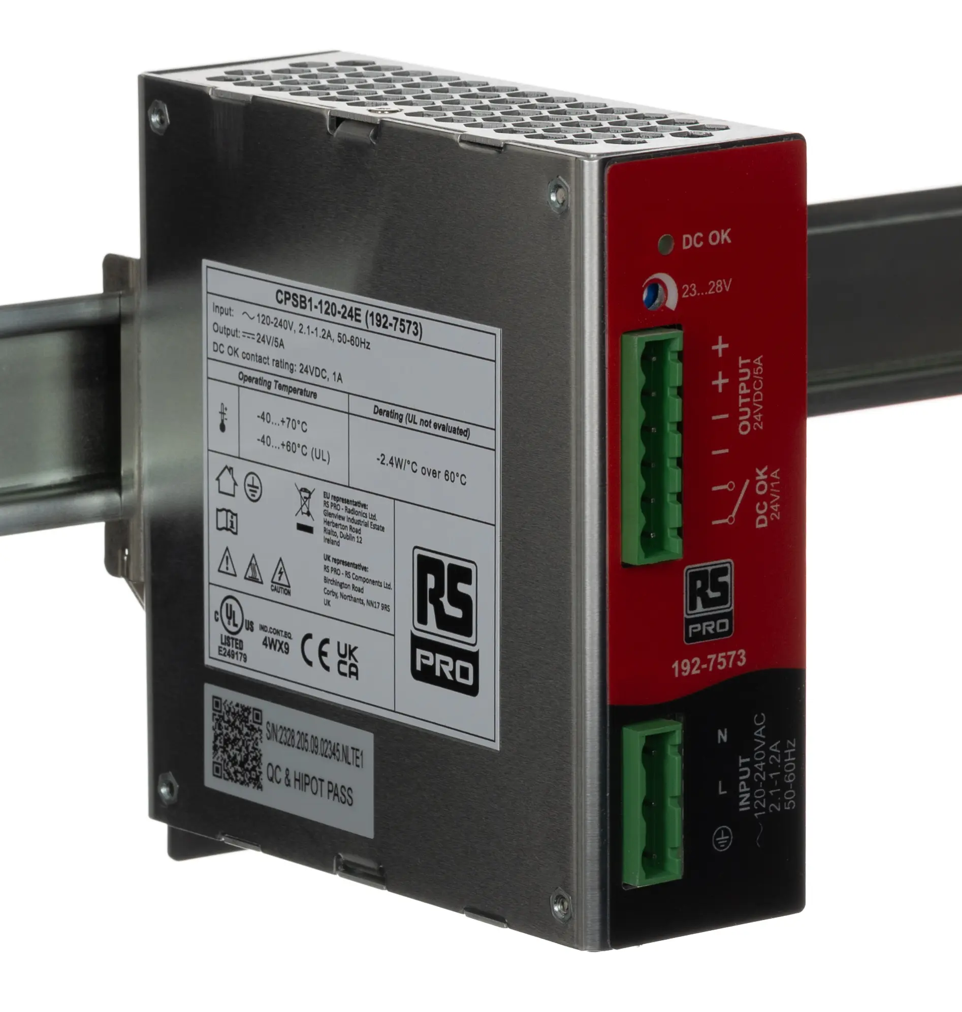 Produktfoto 1 von RS PRO DIN-Schienen Netzteil Getaktet 23 → 28V dc / 5A 120W 85 → 264 V ac / 110 → 345V dc
