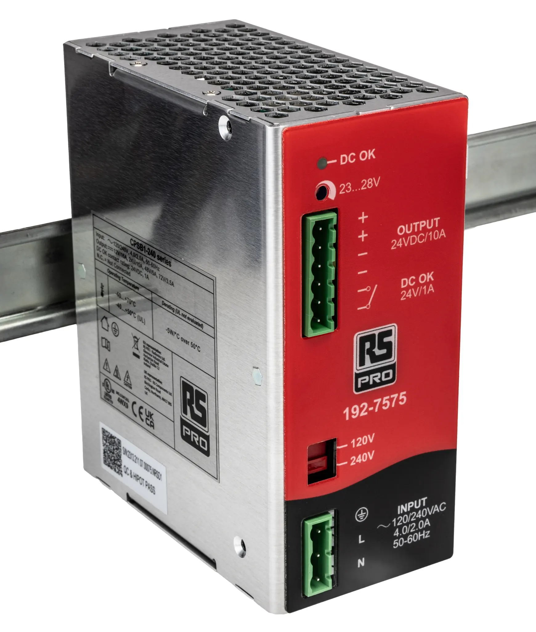 Produktfoto 1 von RS PRO DIN-Schienen Netzteil Getaktet 23 → 28V dc / 10A 240W 90 → 132 V ac / 187 → 264 V ac / 270