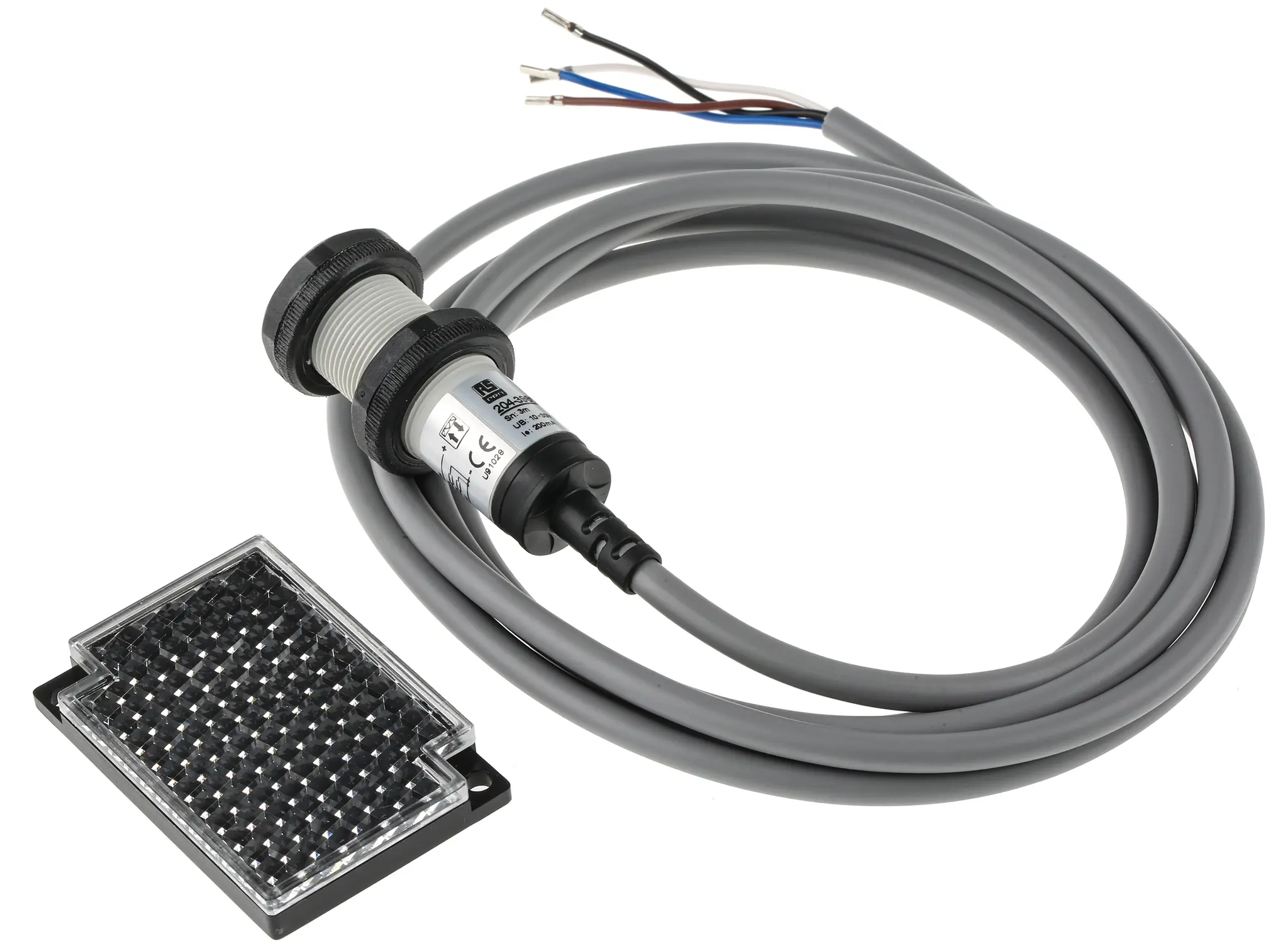 Produktfoto 1 von RS PRO zylindrisch Optischer Sensor, Retroreflektierend, Bereich 3 m, PNP NO+NC Ausgang, Anschlusskabel,