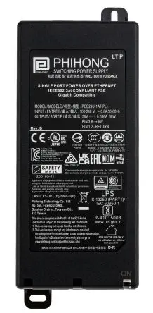 Produktfoto 1 von Phihong PoE Injektor 240V ac Input / 56V dc Output, 536 mA 1 Port 30 W 1 Port 140 mm L. 65mm B.
