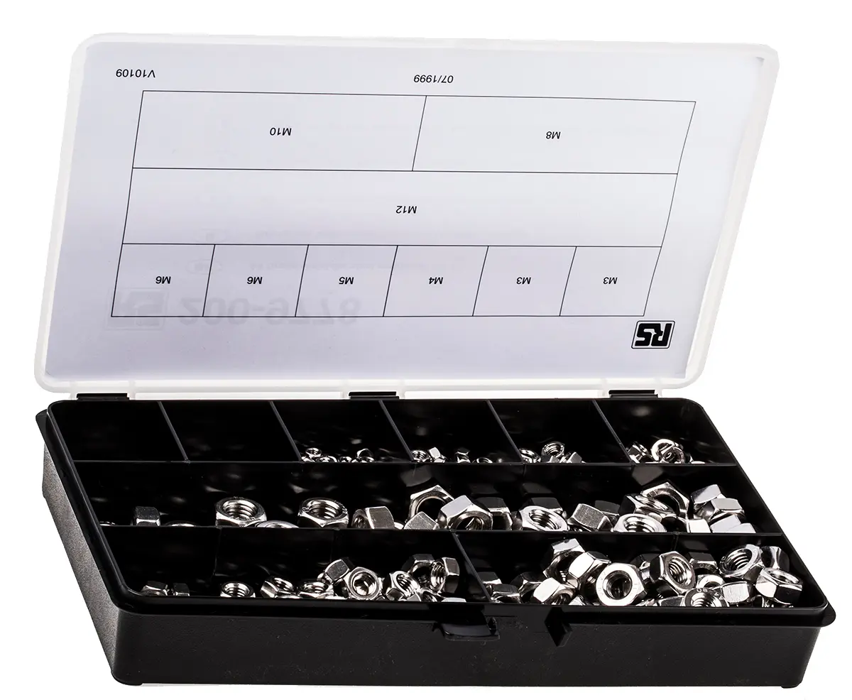 Produktfoto 1 von RS PRO Edelstahl Sechskant Muttern Sortiment, 1020-teilig, glatt