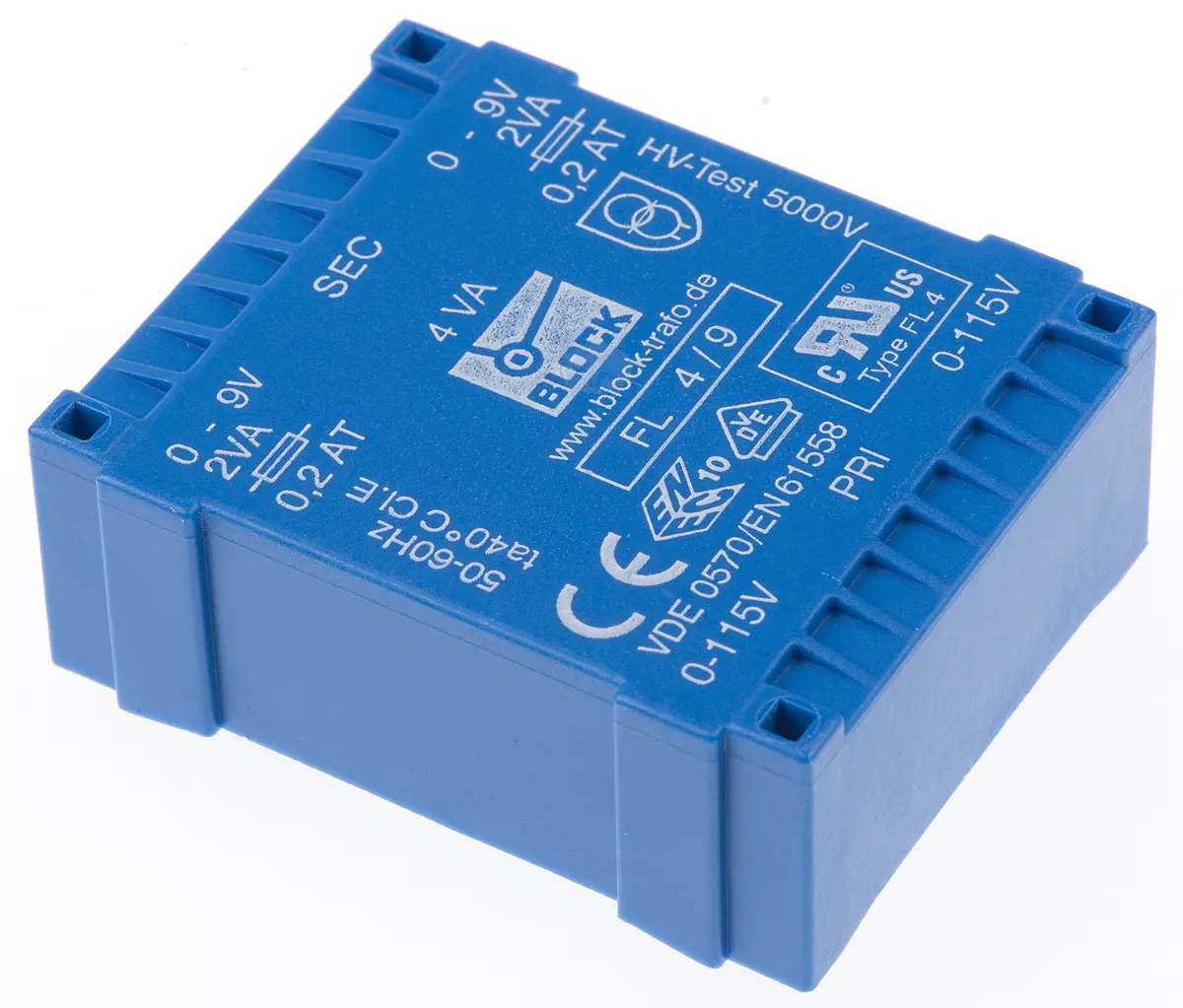 Produktfoto 1 von Block Printtrafo, Trafo 115 V ac, 230 V ac / 9 V ac 2  Ausg. 53 mm x 19.6 mm x 44 mm 0.98 kg Stift