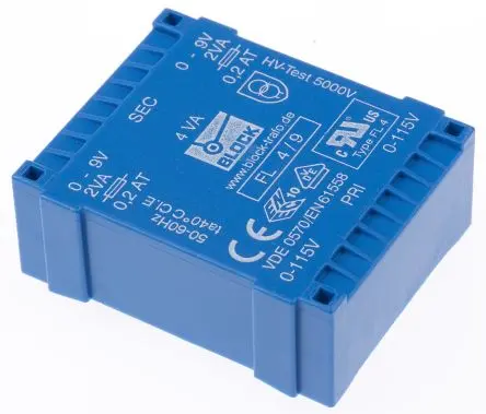 Produktfoto 1 von Block Printtrafo, Trafo 115 V ac, 230 V ac / 9 V ac 2 Ausg. 4 VA 53 mm x 19.6mm x 44 mm 0.98 kg Stift
