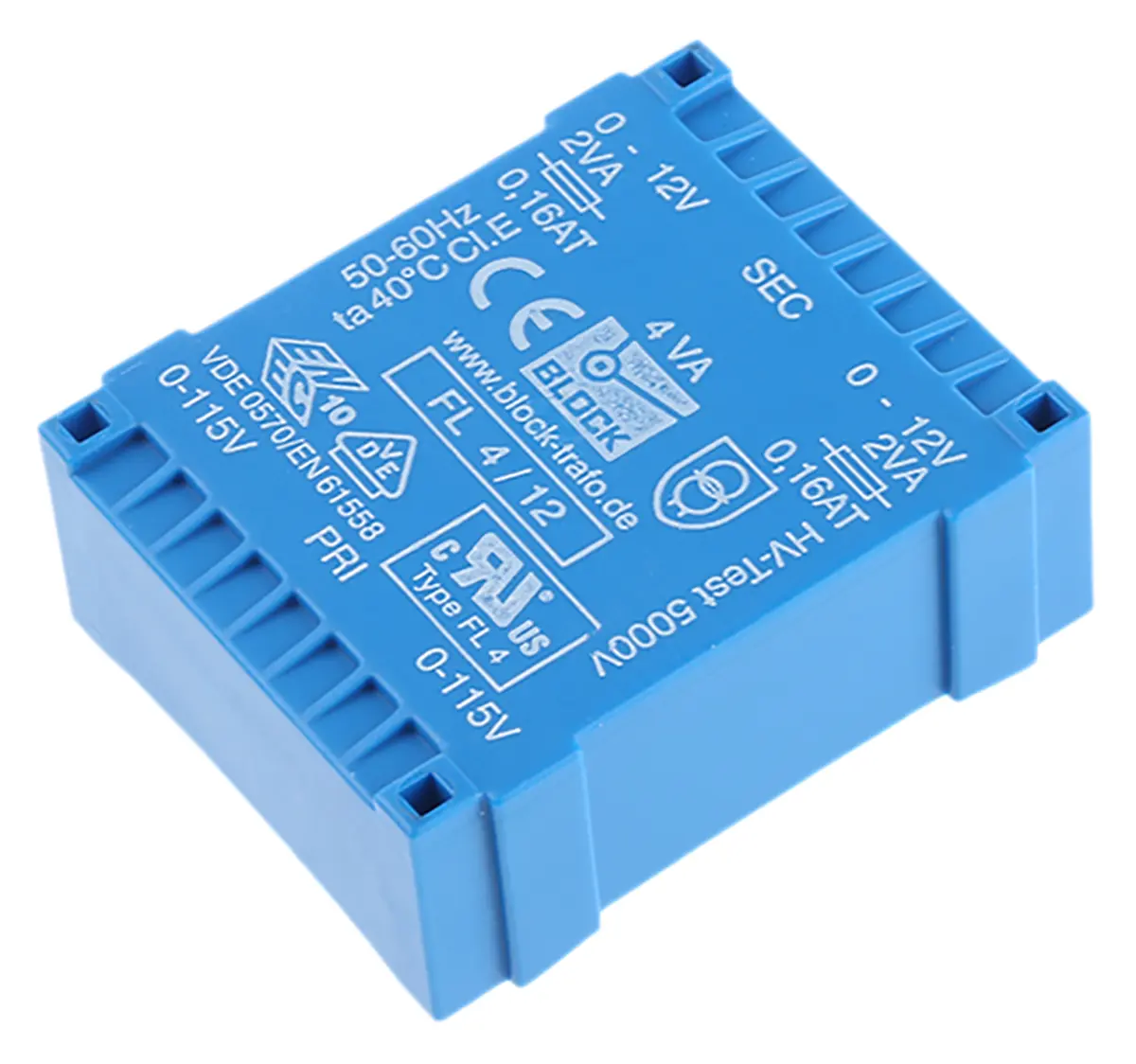 Produktfoto 1 von Block Printtrafo, Trafo 115 V ac, 230 V ac / 12 V ac 2  Ausg. 53 mm x 44 mm x 44 mm 0.98 kg Stift