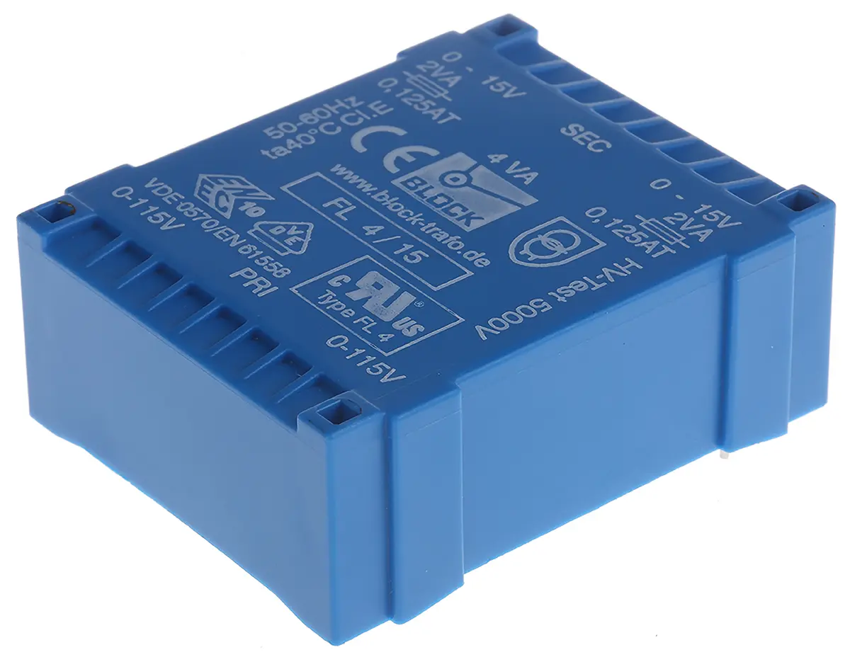 Produktfoto 1 von Block Printtrafo, Trafo 115 V ac, 230 V ac / 15 V ac 2  Ausg. 53 mm x 19.6 mm x 44 mm 0.98 kg Stift