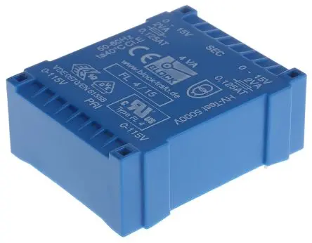 Produktfoto 1 von Block Printtrafo, Trafo 115 V ac, 230 V ac / 15 V ac 2 Ausg. 4 VA 53 mm x 19.6mm x 44 mm 0.98 kg Stift