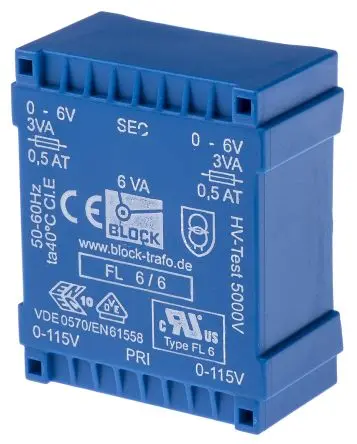 Produktfoto 1 von Block Printtrafo, Trafo 115 V ac, 230 V ac / 6 V ac 2 Ausg. 6 VA 53 mm x 22.6mm x 44 mm 0.98 kg Stift