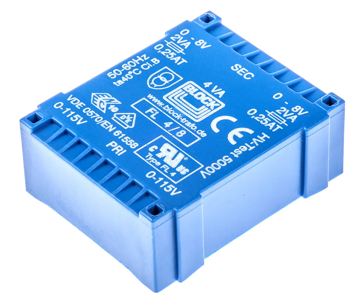Produktfoto 1 von Block Printtrafo, Trafo 115 V ac, 230 V ac / 8 V ac 2  Ausg. 53 mm x 19.6 mm x 44 mm 0.98 kg Stift
