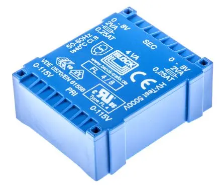 Produktfoto 1 von Block Printtrafo, Trafo 115 V ac, 230 V ac / 8 V ac 2 Ausg. 4 VA 53 mm x 19.6mm x 44 mm 0.98 kg Stift