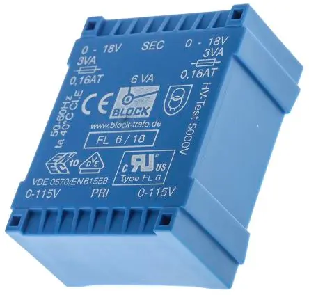 Produktfoto 1 von Block Printtrafo, Trafo 115 V ac, 230 V ac / 18 V ac 2 Ausg. 53 mm x 22.6mm x 44 mm 0.98 kg Stift