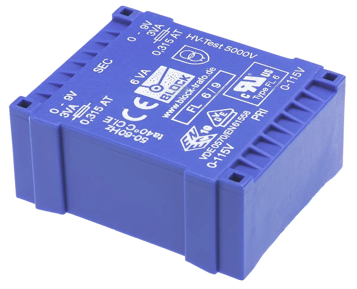 Produktfoto 1 von Block Printtrafo, Trafo 115 V ac, 230 V ac / 9 V ac 2  Ausg. 53 mm x 22.6 mm x 44 mm 0.98 kg Stift