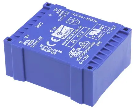Produktfoto 1 von Block Printtrafo, Trafo 115 V ac, 230 V ac / 9 V ac 2 Ausg. 53 mm x 22.6mm x 44 mm 0.98 kg Stift
