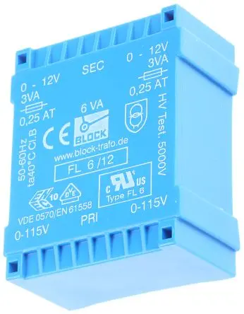 Produktfoto 1 von Block Printtrafo, Trafo 115 V ac, 230 V ac / 12 V ac 2 Ausg. 6 VA 53 mm x 22.6mm x 44 mm 0.98 kg Stift