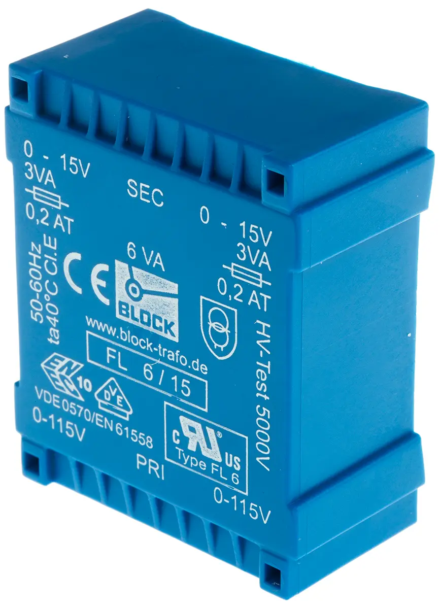Block Printtrafo, Trafo 115 V ac, 230 V ac / 15 V ac 2  Ausg. 53 mm x 22.6 mm x 44 mm 0.98 kg Stift