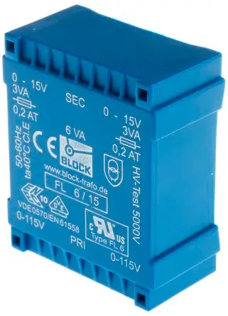 Produktfoto 1 von Block Printtrafo, Trafo 115 V ac, 230 V ac / 15 V ac 2 Ausg. 53 mm x 22.6mm x 44 mm 0.98 kg Stift