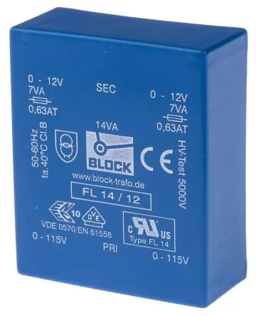 Produktfoto 1 von Block Printtrafo, Trafo 115 V ac, 230 V ac / 12 V ac 2 Ausg. 14 VA 68 mm x 24.4mm x 57 mm 0.98 kg Stift