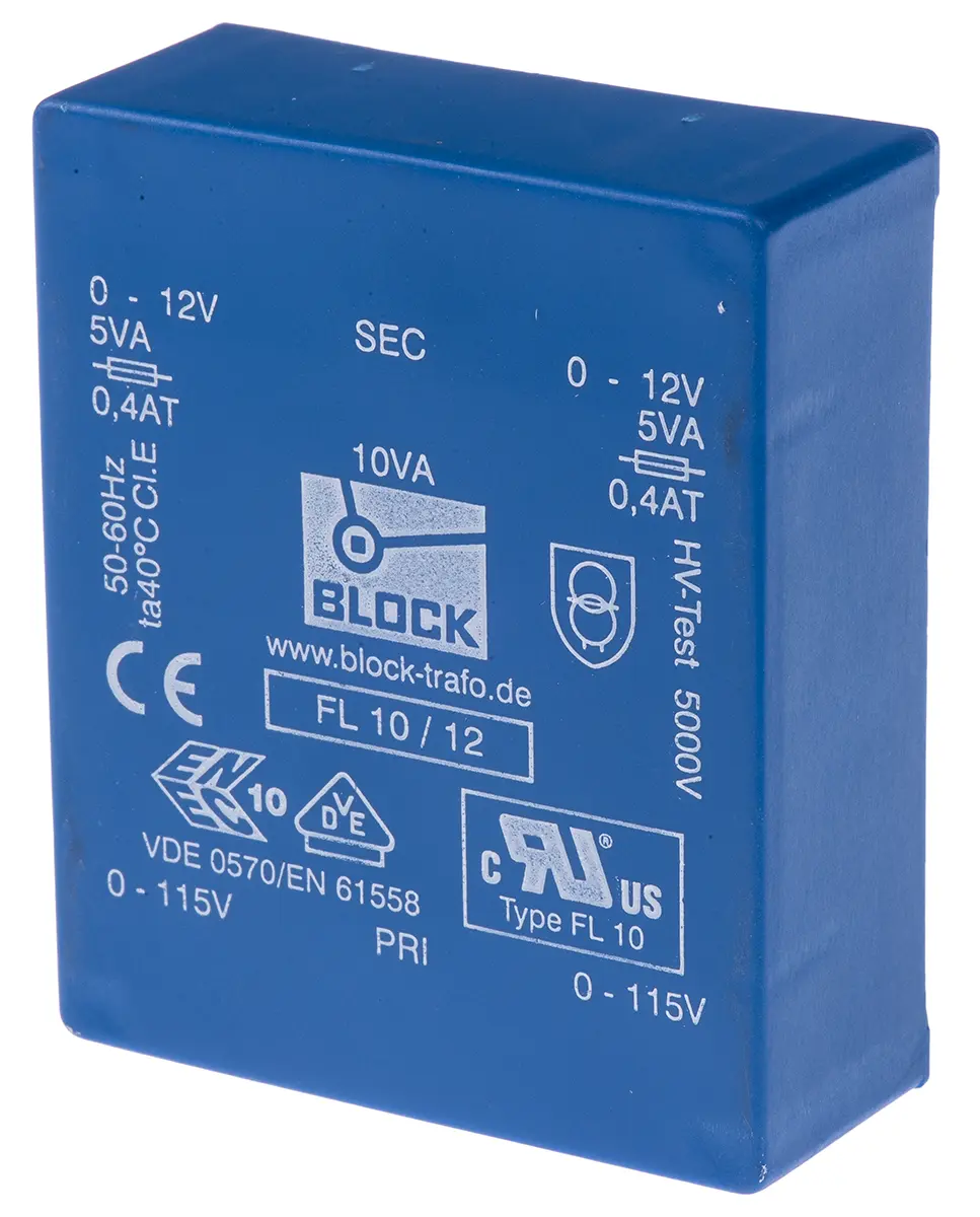Produktfoto 1 von Block Printtrafo, Trafo 115 V ac, 230 V ac / 12 V ac 2  Ausg. 68 mm x 22.8 mm x 57 mm 0.98 kg Stift