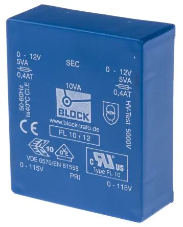 Produktfoto 1 von Block Printtrafo, Trafo 115 V ac, 230 V ac / 12 V ac 2 Ausg. 10 VA 68 mm x 22.8mm x 57 mm 0.98 kg Stift