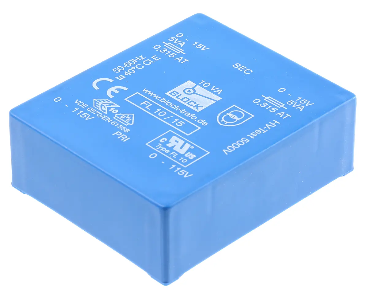 Produktfoto 1 von Block Printtrafo, Trafo 115 V ac, 230 V ac / 15 V ac 2  Ausg. 68 mm x 22.8 mm x 57 mm 0.98 kg Stift