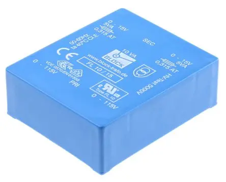 Produktfoto 1 von Block Printtrafo, Trafo 115 V ac, 230 V ac / 15 V ac 2 Ausg. 10 VA 68 mm x 22.8mm x 57 mm 0.98 kg Stift