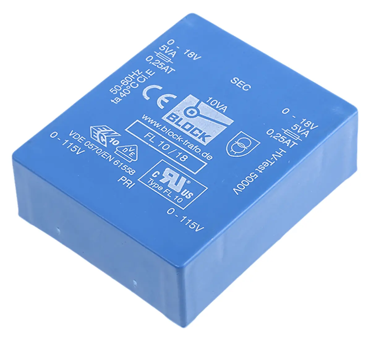 Produktfoto 1 von Block Printtrafo, Trafo 115 V ac, 230 V ac / 18 V ac 2  Ausg. 68 mm x 22.8 mm x 57 mm 0.98 kg Stift
