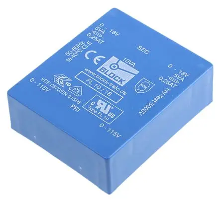 Produktfoto 1 von Block Printtrafo, Trafo 115 V ac, 230 V ac / 18 V ac 2 Ausg. 10 VA 68 mm x 22.8mm x 57 mm 0.98 kg Stift