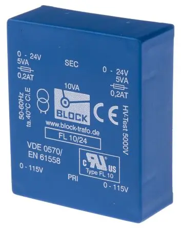 Produktfoto 1 von Block Printtrafo, Trafo 115 V ac, 230 V ac / 24 V ac 2 Ausg. 68 mm x 44mm x 57 mm 0.98 kg Stift