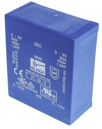 Produktfoto 1 von Block Printtrafo, Trafo 115 V ac, 230 V ac / 9 V ac 2 Ausg. 68 mm x 27.6mm x 57 mm 0.98 kg Stift