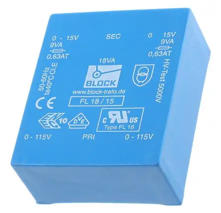 Produktfoto 1 von Block Printtrafo, Trafo 115 V ac, 230 V ac / 15 V ac 2 Ausg. 18 VA 68 mm x 27.6mm x 57 mm 0.98 kg Stift