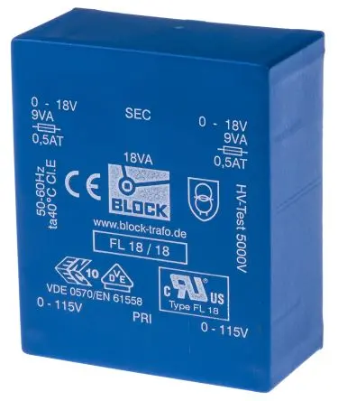 Produktfoto 1 von Block Printtrafo, Trafo 115 V ac, 230 V ac / 18 V ac 2 Ausg. 68 mm x 27.6mm x 57 mm 0.98 kg Stift
