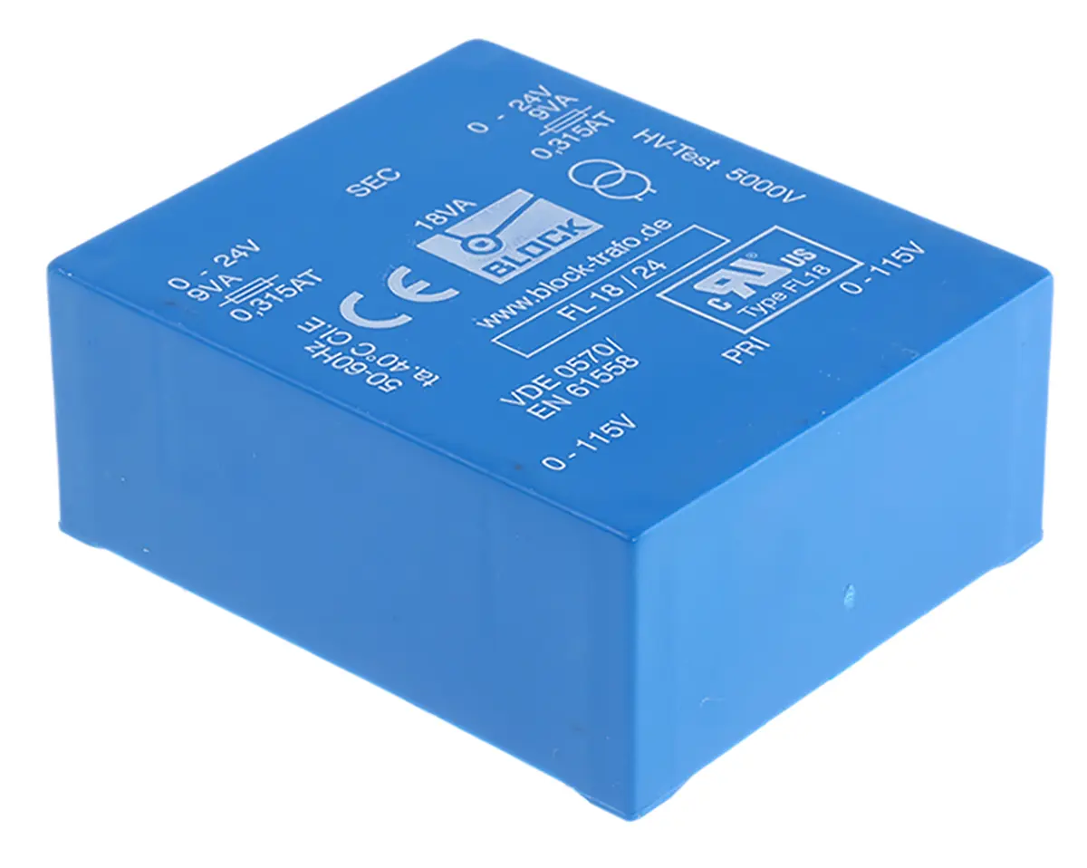 Block Printtrafo, Trafo 115 V, 230 V ac / 24 V ac 2  Ausg. 18 VA 68 mm x 27.6 mm x 57 mm 375 g Durchsteckmontage