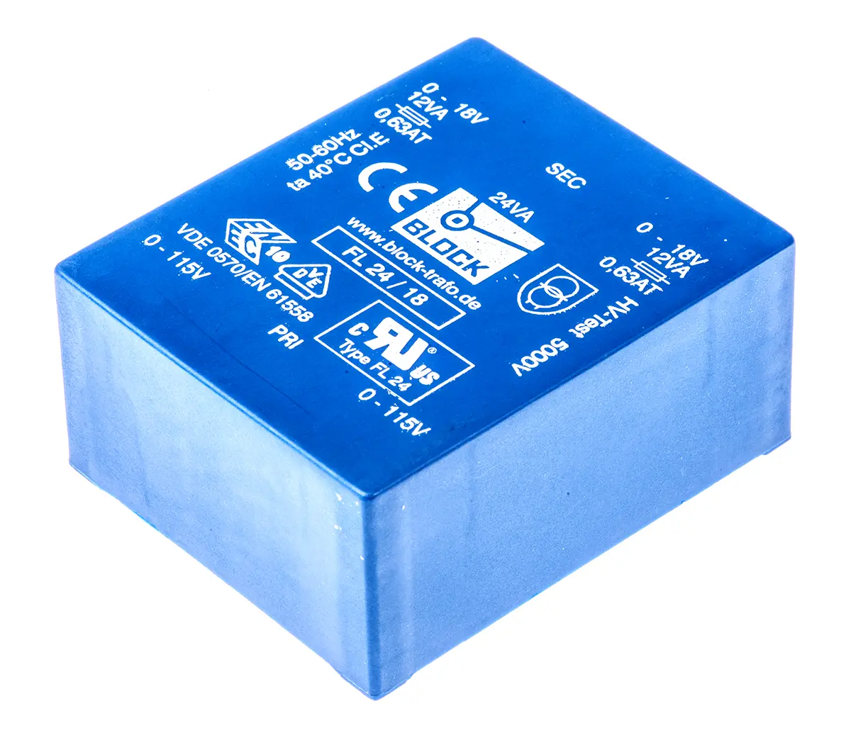 Produktfoto 1 von Block Printtrafo, Trafo 115 V ac, 230 V ac / 18 V ac 2  Ausg. 68 mm x 31.4 mm x 57 mm 0.98 kg Stift