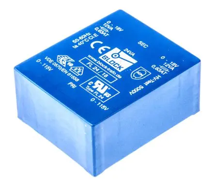 Produktfoto 1 von Block Printtrafo, Trafo 115 V ac, 230 V ac / 18 V ac 2 Ausg. 24 VA 68 mm x 31.4mm x 57 mm 0.98 kg Stift
